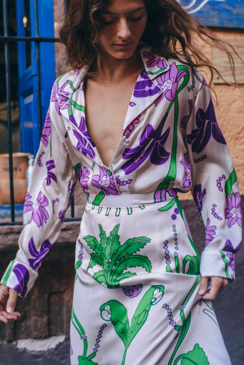 Noches De Luna Silk Shirt / Violet Flowers